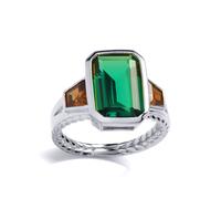 (O) Jewelco London Ladies Sterling Silver Green Brown Emerald Trapezoid CZ Rope Edge Bezel Solitaire Art Deco Cocktail Ring - GVR917