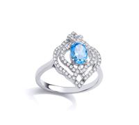 (O) Jewelco London Ladies Sterling Silver Light Blue Oval Cubic Zirconia Arabesque Clover Lantern Cluster Ring - GVR834