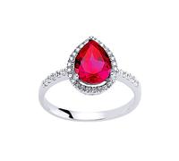 (O) Jewelco London Ladies Sterling Silver Ruby-Red Pear Cubic Zirconia Halo Engagement Ring - GVR551