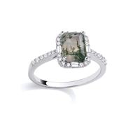 (O) Jewelco London Rhodium Plated Silver Grey Emerald & Baguette Moss Agate & CZ Spooky Forest Octagon Halo Solitaire Ring - GSR1086