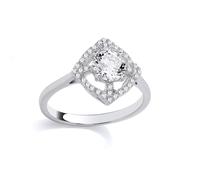(O) Jewelco London Rhodium Plated Sterling Silver CZ Maltese Cross Scalloped Square Cushion Halo Solitaire Solitaire Ring - GSR1096