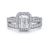 (O) Jewelco London Solid 9ct White Gold Emerald Cut Lab Created Diamond Wed-fit Halo & Half Eternity Travel Bridal Rings Set - LABJRN608+610