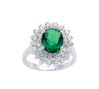 (O) Jewelco London Sterling Silver Emerald-Green Oval Cubic Zirconia Royal Cluster Solitaire Engagement Ring - GVR302-GRN