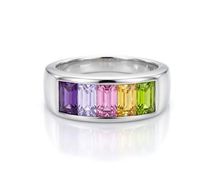 (O) Jewelco London Women's Sterling Silver Rainbow Radiant Cubic Zirconia 5 Stone Channel Set Half Eternity Ring - 8-84-4781
