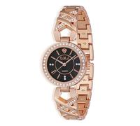 O.M.J Ladies Quartz Watch Rose Gold Crystal Accented 3ATM Waterproof Black Dial Stainless Steel Band, Rose Gold, Luxury