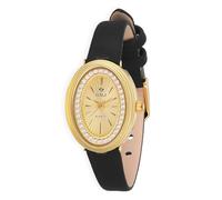 O.M.J Women's Crystal-Accented Watch Gold-Tone Oval Case Genuine LeatherBand 3ATM Water Resistant, Black, Dress