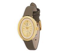 O.M.J Women's Crystal-Accented Watch Gold-Tone Oval Case Genuine LeatherBand 3ATM Water Resistant, Grey, Dress