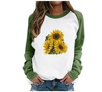 O-Neck Fashion Sleeve Tops in Print Multicoloured Women's Flowers Long Casual Women's T-Shirts White T Shirt Women, Green, XL