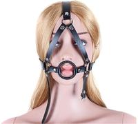 O-Ring Mouth Gag SM Bondage Soft Leather Harness Head Adjustable Mouth Gags BDSM Adult Erotic Fetish Sex Toy (Black)
