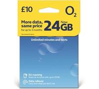 O2 Prepay Sim Card With 24GB (8GB + 16GB Bonus data making 24GB for the first three top ups before 1st July 2026) and Unlimited Minutes and Texts for 30 days. Roam in Europe included up to 8GB.