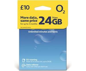 O2 Prepay Sim Card With 24GB (8GB + 16GB Bonus data making 24GB for the first three top ups before 1st July 2026) and Unlimited Minutes and Texts for 30 days. Roam in Europe included up to 8GB.