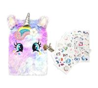 OAAO 1 Piece Cartoon Notebook with Lock, 6 Pieces Stickers, Glitter Rainbow Journal with Embroidery, Plush Ears, Kids Secret Journal for Girls Drawing, Writing (Purple)