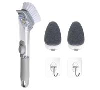 OAAO 1 Piece Dish Brush With Soap Dispenser, 2 Sponges And 2 Hooks, PP Filament And Scouring Pad Brush Heads, Grey, Kitchen, Pot, Bowl, Sink Cleaning And Scrubbing