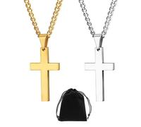 OAAO 2 Cross Necklaces with 1 Black Velvet Bag, Stainless Steel Cross Pendant, Gold and Silver Necklace Set, Men and Women Fashion Accessories, Holiday Gifts