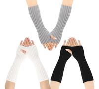 OAAO 3 pairs of fashionable warm fingerless gloves, women's knitted warm glove sleeves, fingerless sleeve glove arm sleeves, black, white, light gray long arm warmers for men and women