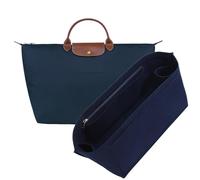 OAikor Purse Organizer Insert for Longchamp Le Pliage L Travel Tote Bag, Felt Lightweight Large Travel Tote Divider Shaper with Cup Holder,Zipper Bags Inner Linner with 9 Deepened Pockets,L/Navy-blue