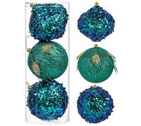 Oairse 10cm Large Christmas Balls 3 Pcs Peacock Blue Baubles Ornaments for Glitter Tree Garland Holidays Decor, Unique Designs Featuring Feather, Glitter, and Sequin