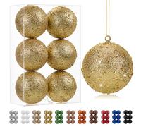 Oairse 10cm Large Christmas Bauble Ornaments 6 Pcs Shatterproof Big Gold Bauble for Xmas Tree Glitter Christmas Tree Ornaments for Halloween Holiday Wedding Party Decoration
