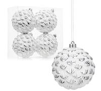 Oairse 10cm Large Christmas Baubles 4 Pcs Shatterproof Big White Silver Christmas Balls Ornaments for Vintage Rustic Christmas Tree Ornaments for Xmas Trees Holiday Wedding Party Decoration
