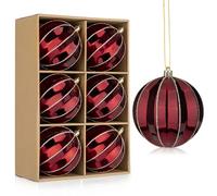 Oairse 10cm Large Christmas Baubles Ornaments 6pcs Big Shatterproof Ball Glitter Striped Xmas Baubles Rustic Hanging Decorations for Christmas Tree Decorations Holiday Wedding Party, Red