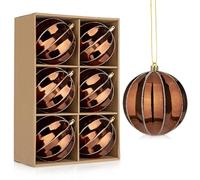 Oairse 10cm Large Christmas Baubles Ornaments 6pcs Big Shatterproof Ball Glitter Striped Xmas Baubles Rustic Hanging Decorations for Christmas Tree Decorations Holiday Wedding Party, Bronze