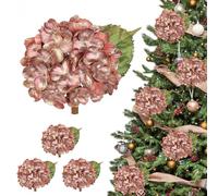 Oairse 12cm Large Artificial Hydrangea Flowers Heads with Clips 3Pcs Glitter Flower for Christmas Tree Decorations Floral Arrangement Pink Gold Faux Hydrangea for Xmas Vintage Wedding Party Holiday