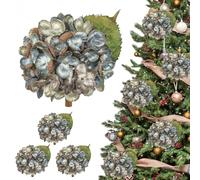 Oairse 12cm Large Artificial Hydrangea Flowers Heads with Clips 3Pcs Glitter Flower for Christmas Tree Decorations Floral Arrangement Blue Gold Faux Hydrangea for Xmas Vintage Wedding Party Holiday