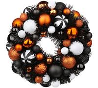 Oairse 13"/33cm Halloween Wreath for Front Door with 66 Christmas Baubles Ornaments Bauble Wreath Halloween Decorations for Home Window Mantel Party Holiday Indoor Outdoor Decor, Black & Orange