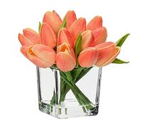 Oairse 14pcs Small Artificial Flower in Vase Real Touch Faux Tulips Flower in Cube Glass Vase with Faux Water Mini Peach Tulip Bouquet Arrangement for Home Wedding Table Centerpiece Decor