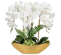 Oairse 18" Orchid Artificial Flowers White Fake Orchid Silk Flowers with Gold Ceramic Pot Large Faux Phalaenopsis Arrangement for Home Office Room Living Room Coffee Table Centerpiece Decoration