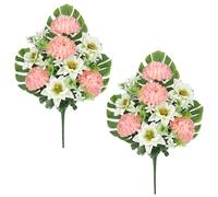 Oairse 2 pcs Artificial Flowers for Grave Artificial Chrysanthemum Flowers Bouquet Fake Lily Flower Pink Silk Flower for Flora Cemetery Arrangement Headstones Funeral Christmas Grave Decoration