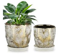 Oairse 2 Pcs Gold Embossed Ceramic Plant Pots with Saucer, 14.5CM 12CM Decorative Textured Flower Pot Set, Indoor Planter for Houseplants, Succulents & Home Office Decor