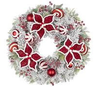 Oairse 24 inch Christmas Wreath for Front Door, Large Artificial Wreath with Red Poinsettia, Snowy Pine, Baubles & Candy, Winter Door Wreaths for Christmas Indoor Decoration Xmas Holiday Hanging