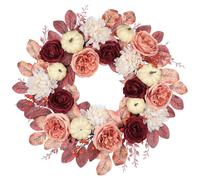 Oairse 26 Inch Fall Wreath for Front Door Artificial Autumn Wreath with Pumpkins, Burgundy and Pink Silk Flowers, Foam Berries Rustic Farmhouse Thanksgiving Door Wreath for Indoor Outdoor Decor