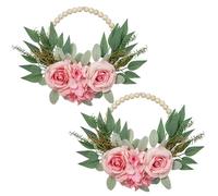 Oairse 2pcs Artificial Flowers Wreath Spring Summer Floral Wreath Wood Beads Wreath with Pink Rose Hydrangea, Green Eucalyptus Leaves for Front Door Window Wall Wedding Farmhouse Decor