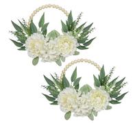Oairse 2pcs Artificial Flowers Wreath Spring Summer Floral Wreath Wood Beads Wreath with White Peony Hydrangea, Green Eucalyptus Leaves for Front Door Window Wall Farmhouse Decor