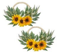 Oairse 2pcs Artificial Sunflower Flowers Wreath Spring Summer Floral Wreath Wood Beads Wreath with Yellow Sunflower, Green Eucalyptus Leaves for Front Door Window Wall Wedding Farmhouse Decor
