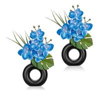 Oairse 2PCS Small Blue Orchid Artificial Flowers in Black Ceramic Pot Silk Orchid Floral Arrangement Fake Orchid Plant for Home Office Dining Room Shelf Table Centerpiece Decoration
