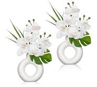 Oairse 2PCS Small White Orchid Artificial Flowers in Black Ceramic Pot Silk Orchid Floral Arrangement Fake Orchid Plant for Home Office Dining Room Shelf Table Centerpiece Decoration
