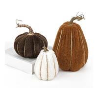 Oairse 3 pcs Artificial Pumpkins Faux Sherpa Pumpkins Assorted Sizes Plush Pumpkin Fake Velvet Pumpkin Decor Table Centerpieces for Autumn Festival Thanksgiving Halloween Party Fall Decoration