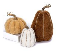 Oairse 3 pcs Artificial Pumpkins Faux Sherpa Pumpkins Assorted Sizes Plush Pumpkins Fake Velvet Pumpkins Decor Table Centerpieces for Autumn Festival Thanksgiving Halloween Party Fall Decoration