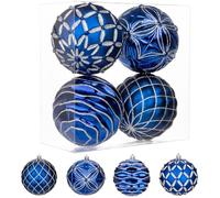 Oairse 4"/10cm Large Christmas Baubles Ornaments 4 Pcs Shatterproof Big Glitter Blue and Silver Christmas Tree Ornaments for Holiday Halloween Wedding Party Xmas Tree Decorations