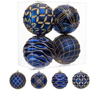 Oairse 4"/10cm Large Christmas Baubles Ornaments 4 Pcs Shatterproof Big Glitter Navy Blue Christmas Tree Ornaments for Holiday Halloween Wedding Party Xmas Tree Decorations