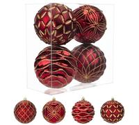 Oairse 4"/10cm Large Red Christmas Baubles Ornaments 4 Pcs Shatterproof Big Glitter Christmas Tree Ornaments for Holiday Halloween Wedding Party Xmas Tree Decorations
