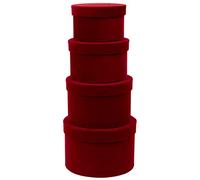 Oairse 4PCS Velvet Gift Boxes With Lids - Round Cardboard Nesting Box Set in Assorted Sizes 14/16/18/20cm - Red Hat Box for Flowers, Presents, Bridesmaid, Wedding, Birthday, Valentine's, Christmas