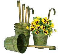 Oairse 6 Pcs Vintage Metal Hanging Plant Pot with Removable Hook, Rustic Iron Flower Bucket Planter, Indoor Outdoor Balcony Fence Hanging Planter for Garden, Patio, Wall Decor (Green, 13cm)