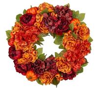 Oairse 60cm/24inch Artificial Fall Floral Wreath for Front Door Autumn Wreath with Pumpkin Peony Hydrangea for Halloween Thanksgiving Day Indoor Outdoor Farmhouse Window Wall Décor