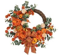 Oairse 60cm/24inch Artificial Fall Half Wreath for Front Door Autumn Wreath with Pumpkin Peony Eucalyptus Chrysanthemum and Ribbon for Halloween Thanksgiving Indoor Outdoor Farmhouse Window Wall Décor