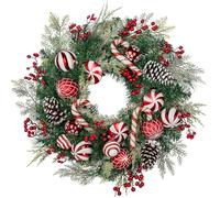Oairse 61cm/24 inch Christmas Wreath, Large Christmas Wreath for Front Door Christmas Door Wreaths with Christmas Balls, Berries and Lollipop, Aritificial Wreath for Christmas Indoor Decorations