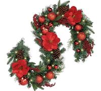 Oairse 6FT Christmas Garland with Lights, Red Poinsettia, Pine Cones & Baubles Ornaments Artificial Xmas Garland for Fireplace Staircase Mantel Holiday Thanksgiving Christmas Decorations